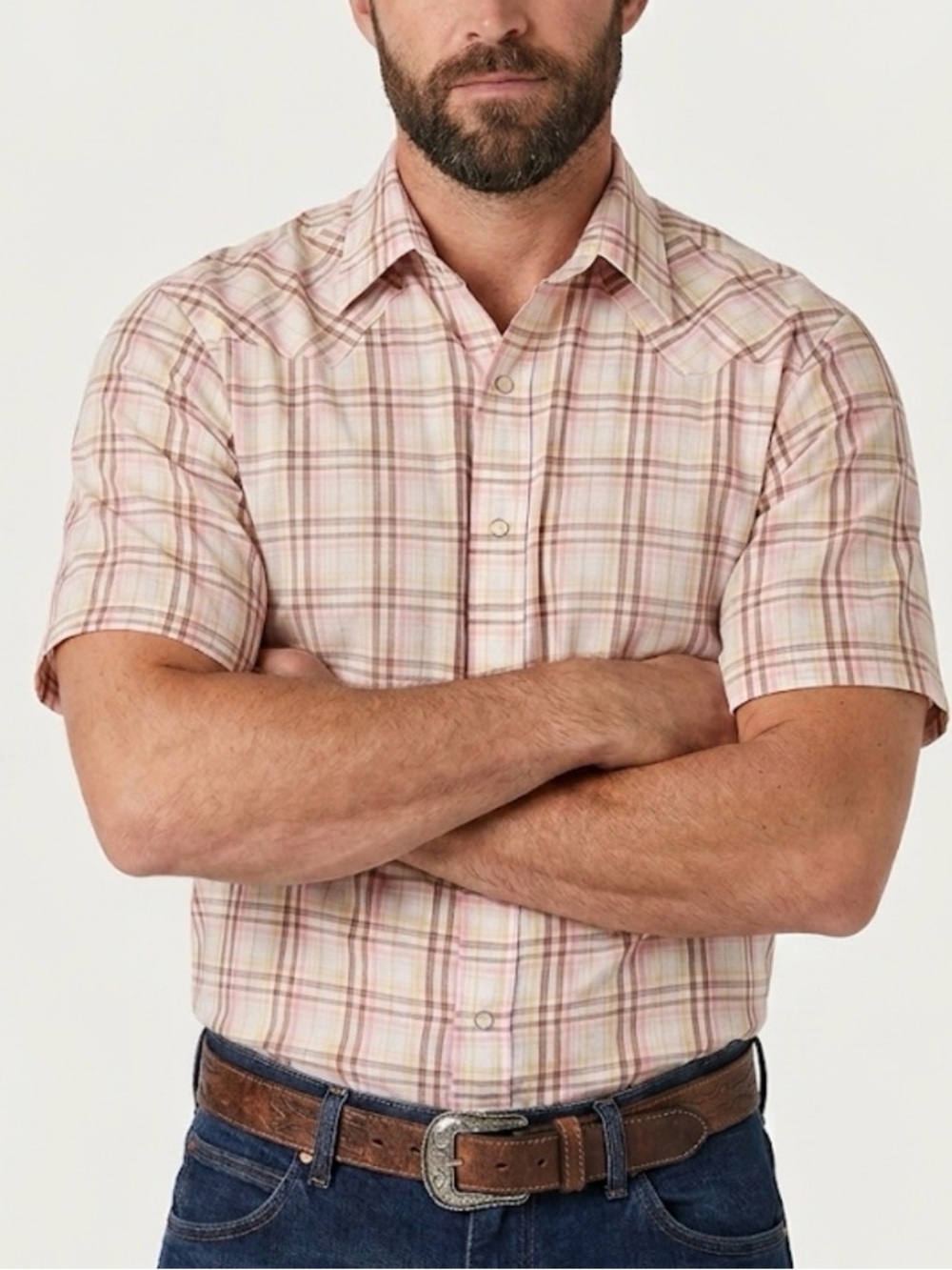 Wrangler Pearl Snap Western Plaid Shirt‎ Size L Men’s Pink/Brown Cowboy